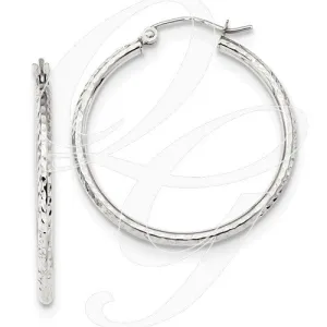 10k White Gold Diamond-Cut 2mm Round Tube Hoop Earrings