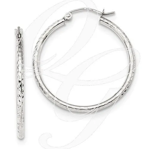 10k White Gold Diamond-Cut 2mm Round Tube Hoop Earrings