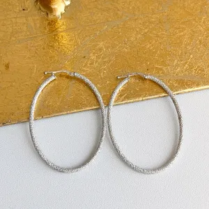 14KT White Gold Textured Tube Oval Hoop Earrings 46mm