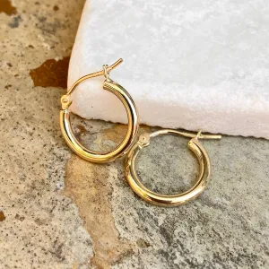 14KT Yellow Gold 2mm Tube Round Hoop Earrings 15mm