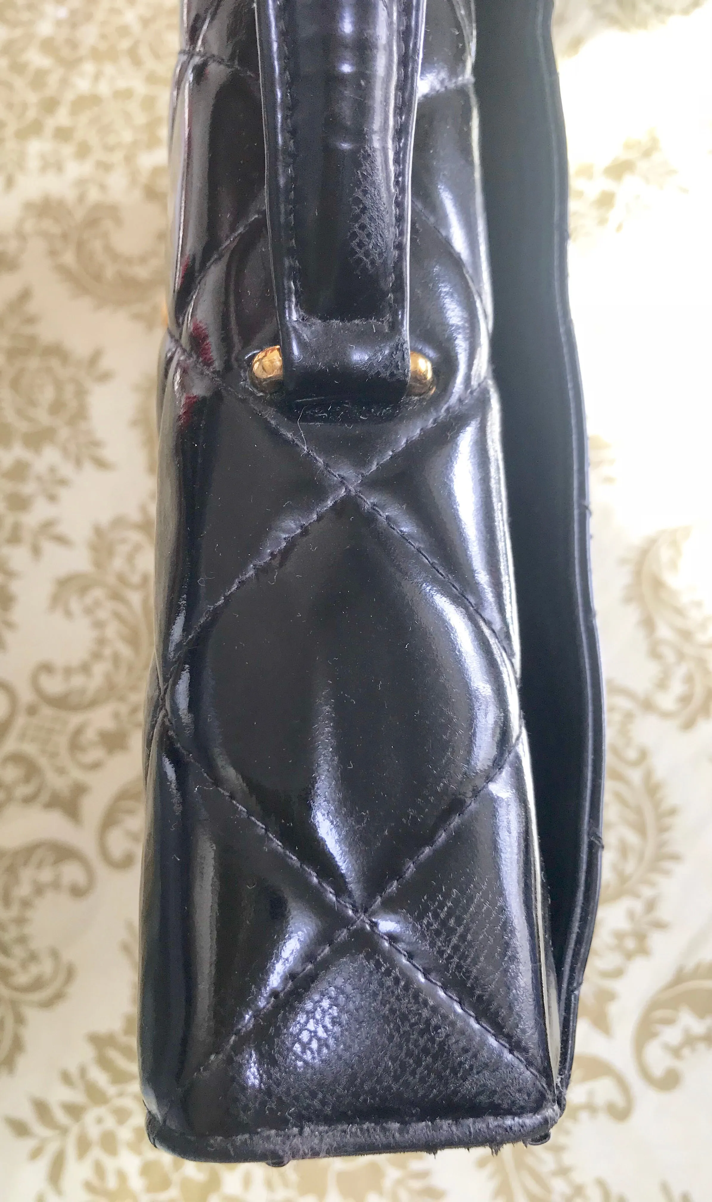 1990s. Vintage CHANEL black patent enamel briefcase business bag with golden large CC motif. Classic and traditional masterpiece you must have.
