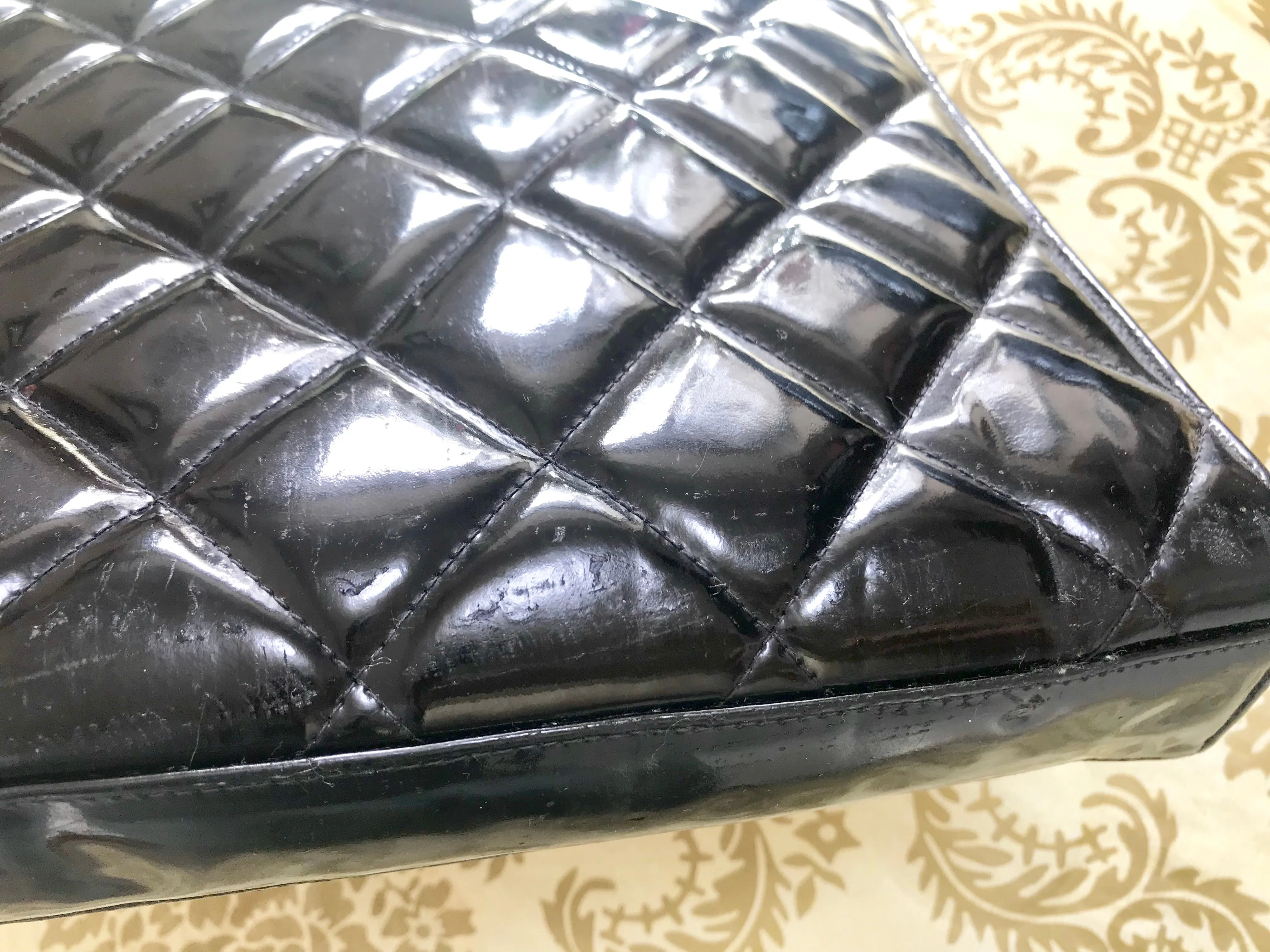 1990s. Vintage CHANEL black patent enamel briefcase business bag with golden large CC motif. Classic and traditional masterpiece you must have.