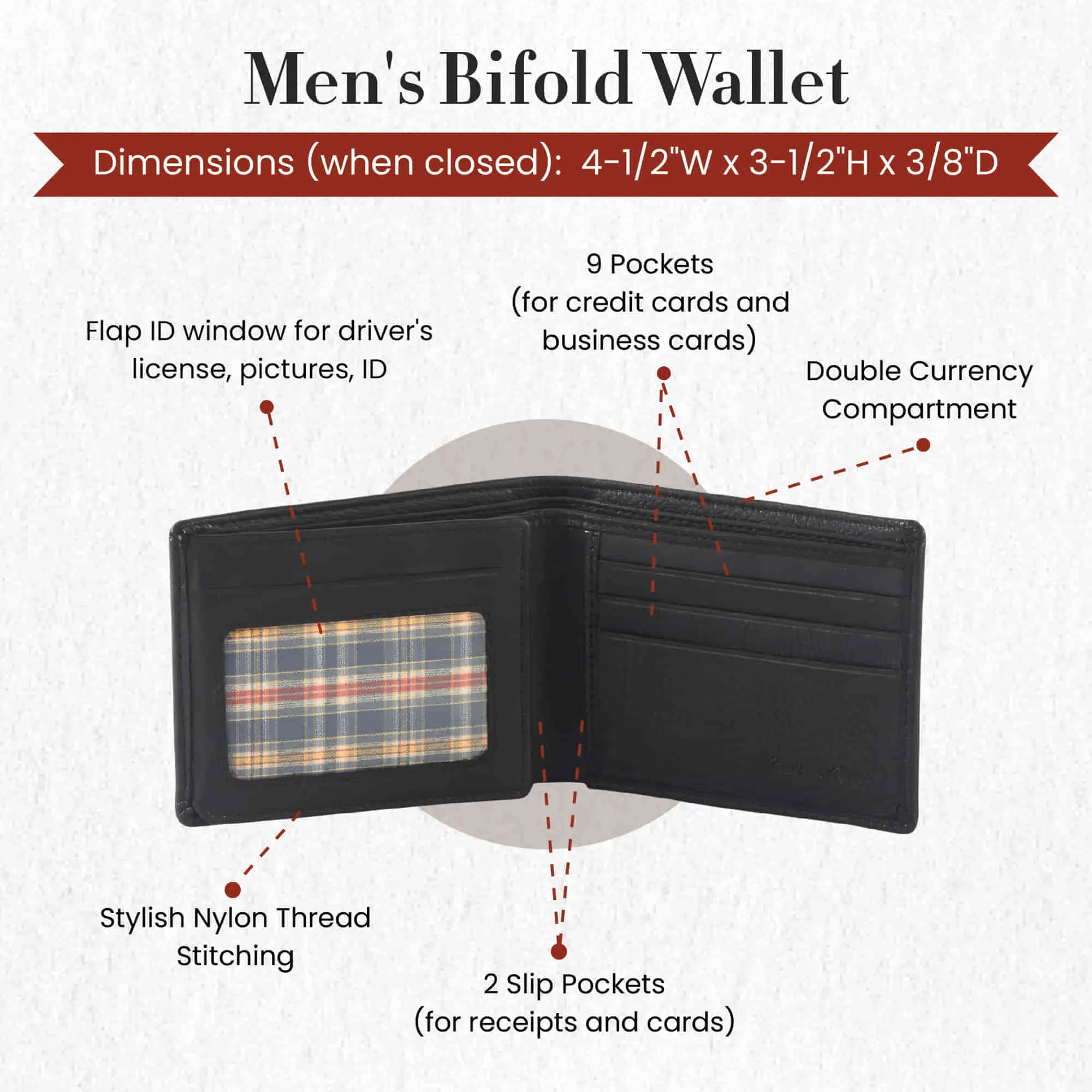 200166-BL Bifold Leather Wallet with Side Flap in Black | Style n Craft
