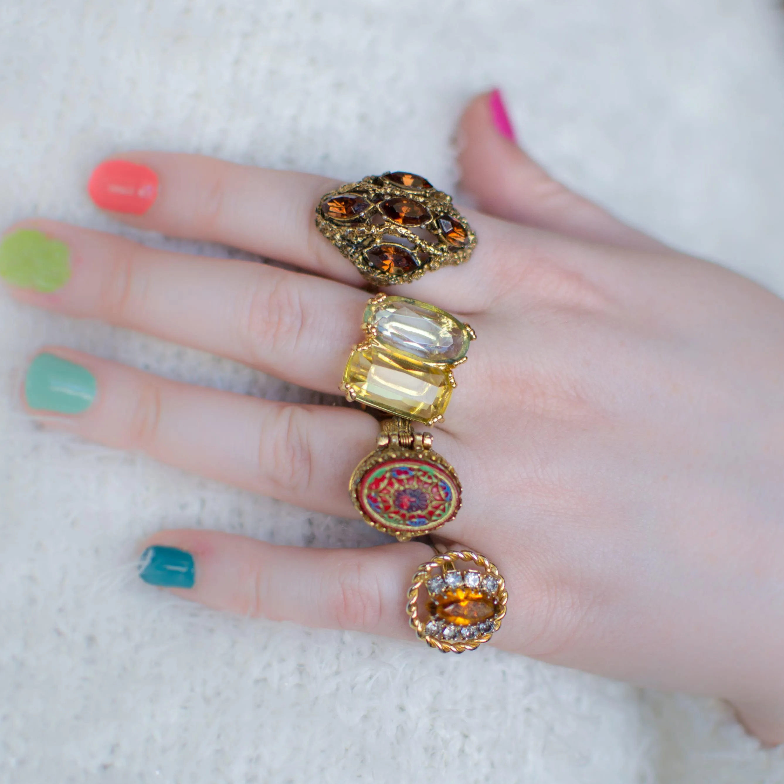Amber Crystal Statement Ring with Rhinestones