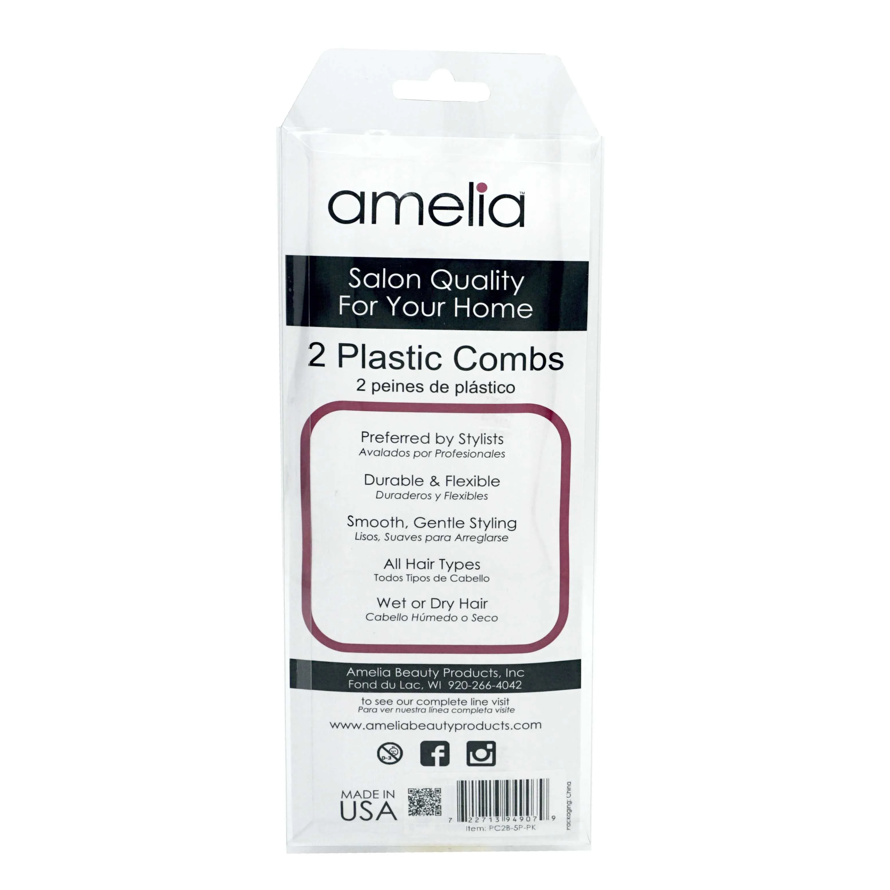 Amelia Beauty, 5in Black Curly Hair Wide Tooth Pick Comb, Made in USA, Professional Grade Hair Pick Creates Volume, Detangles, Afro Pick Comb Hair Styling Tool, 5"x2.25", 2 Pack