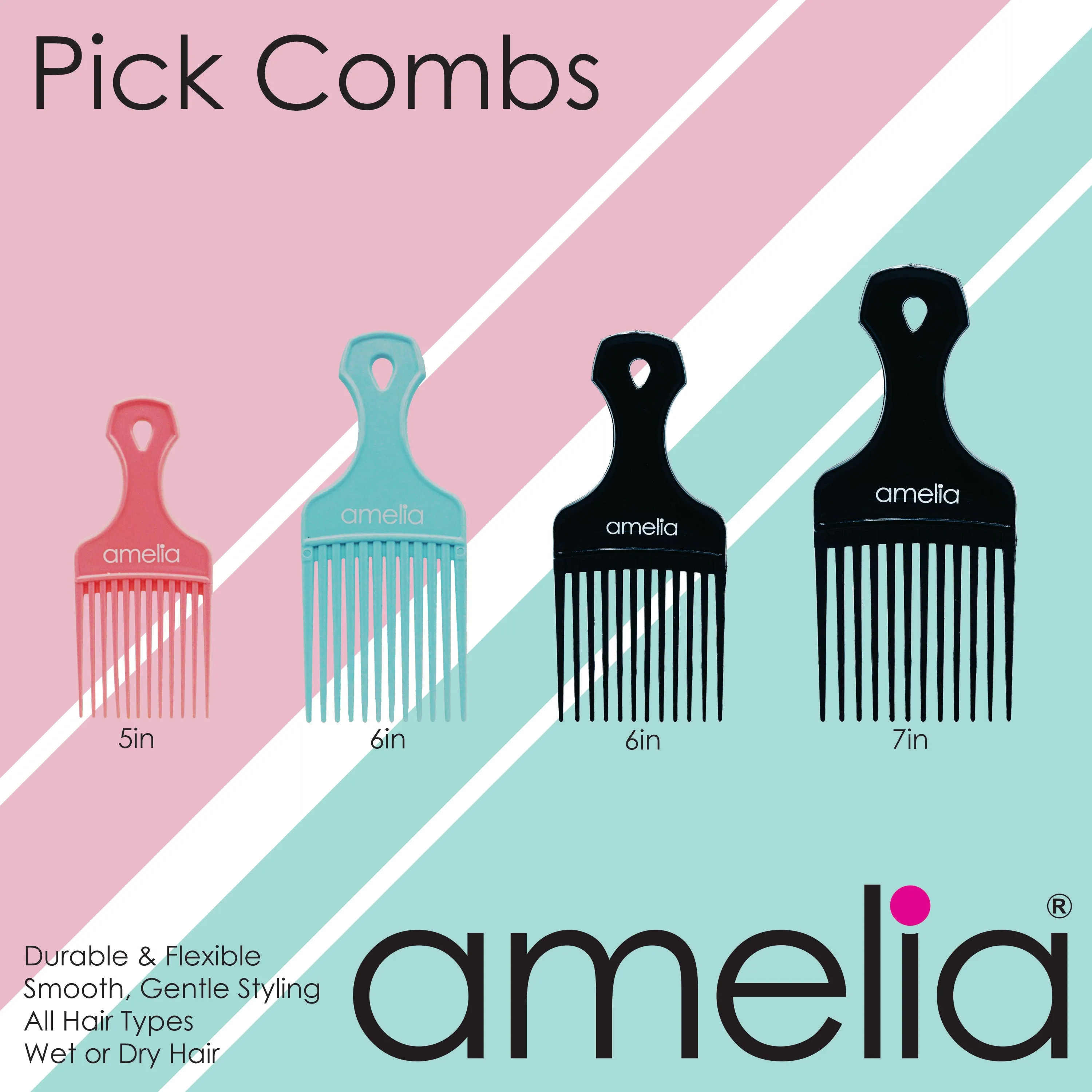 Amelia Beauty, 6in Black Curly Hair Wide Tooth Pick, Made in USA, Professional Grade Hair Pick Create Volume, Detangle, Portable Salon Barber Shop Afro Pick Comb Hair Styling Tool, 6"x2.5", 2 Pack