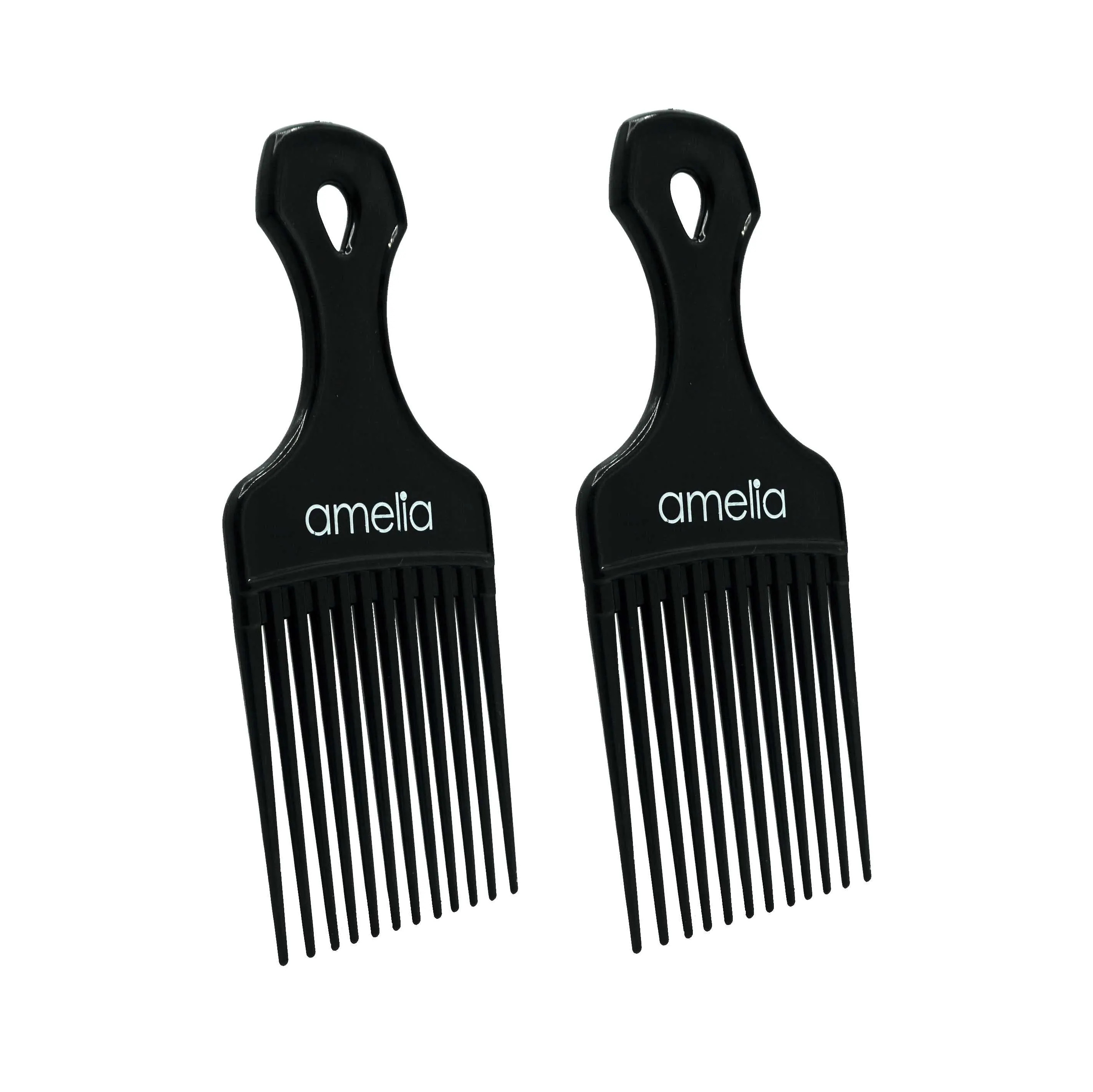 Amelia Beauty, 6in Black Curly Hair Wide Tooth Pick, Made in USA, Professional Grade Hair Pick Create Volume, Detangle, Portable Salon Barber Shop Afro Pick Comb Hair Styling Tool, 6"x2.5", 2 Pack