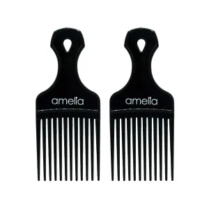 Amelia Beauty, 6in Black Curly Hair Wide Tooth Pick, Made in USA, Professional Grade Hair Pick Create Volume, Detangle, Portable Salon Barber Shop Afro Pick Comb Hair Styling Tool, 6"x2.5", 2 Pack