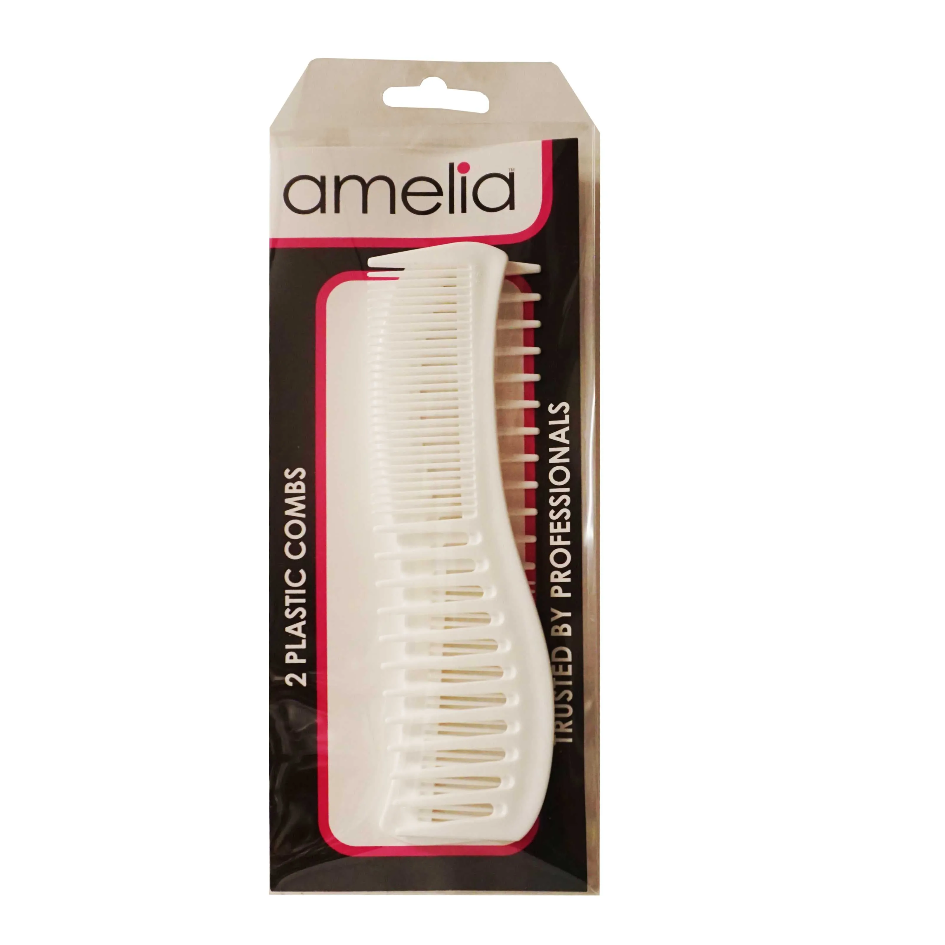 Amelia Beauty, 8in White Plastic Detangling Wave Comb, Made in USA, Professional Grade Comb,  Portable Salon Barber Shop Black Everyday Styling Rake Comb Hair Styling Tool, 7.5"x 2", 2 Pack