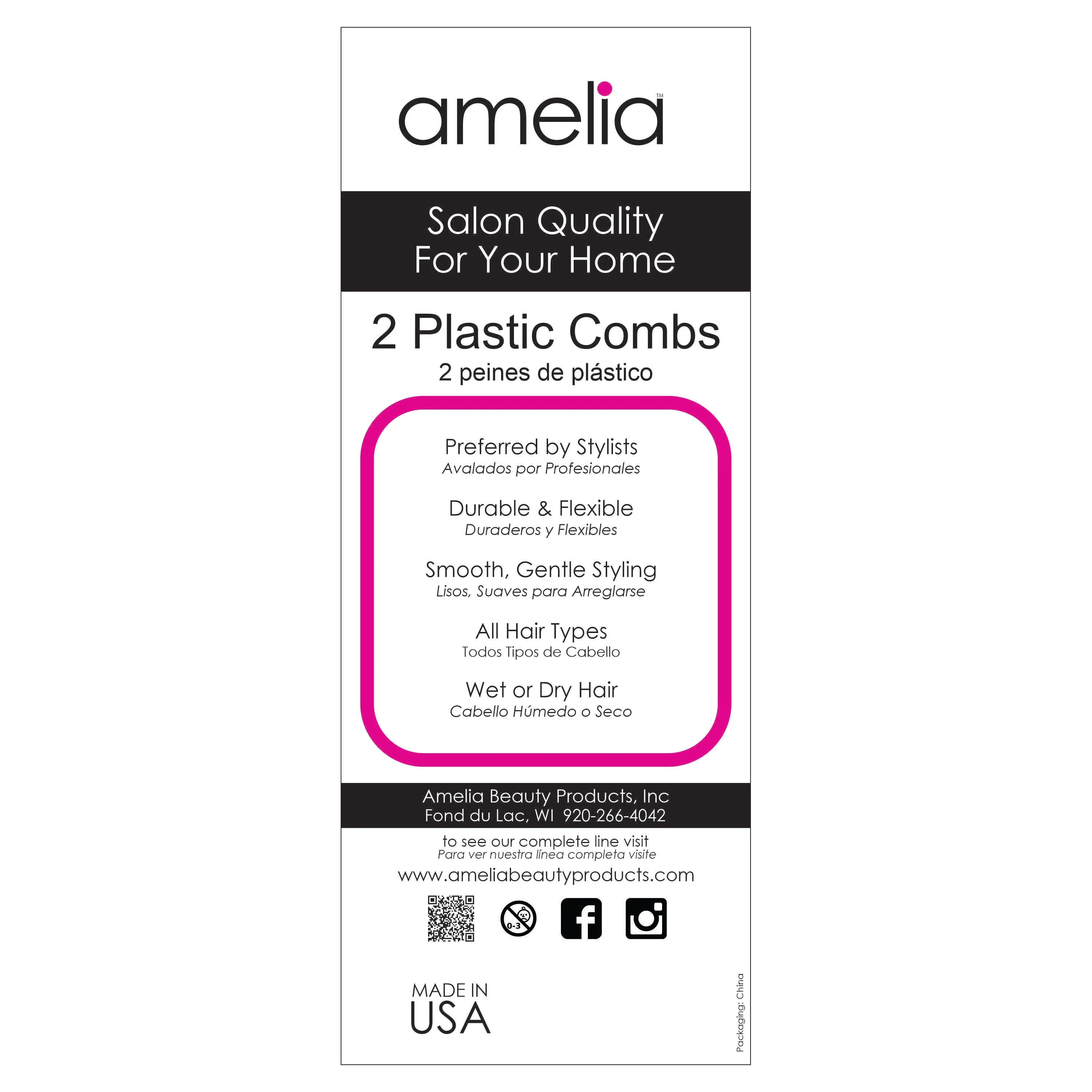 Amelia Beauty, 8in White Plastic Detangling Wave Comb, Made in USA, Professional Grade Comb,  Portable Salon Barber Shop Black Everyday Styling Rake Comb Hair Styling Tool, 7.5"x 2", 2 Pack