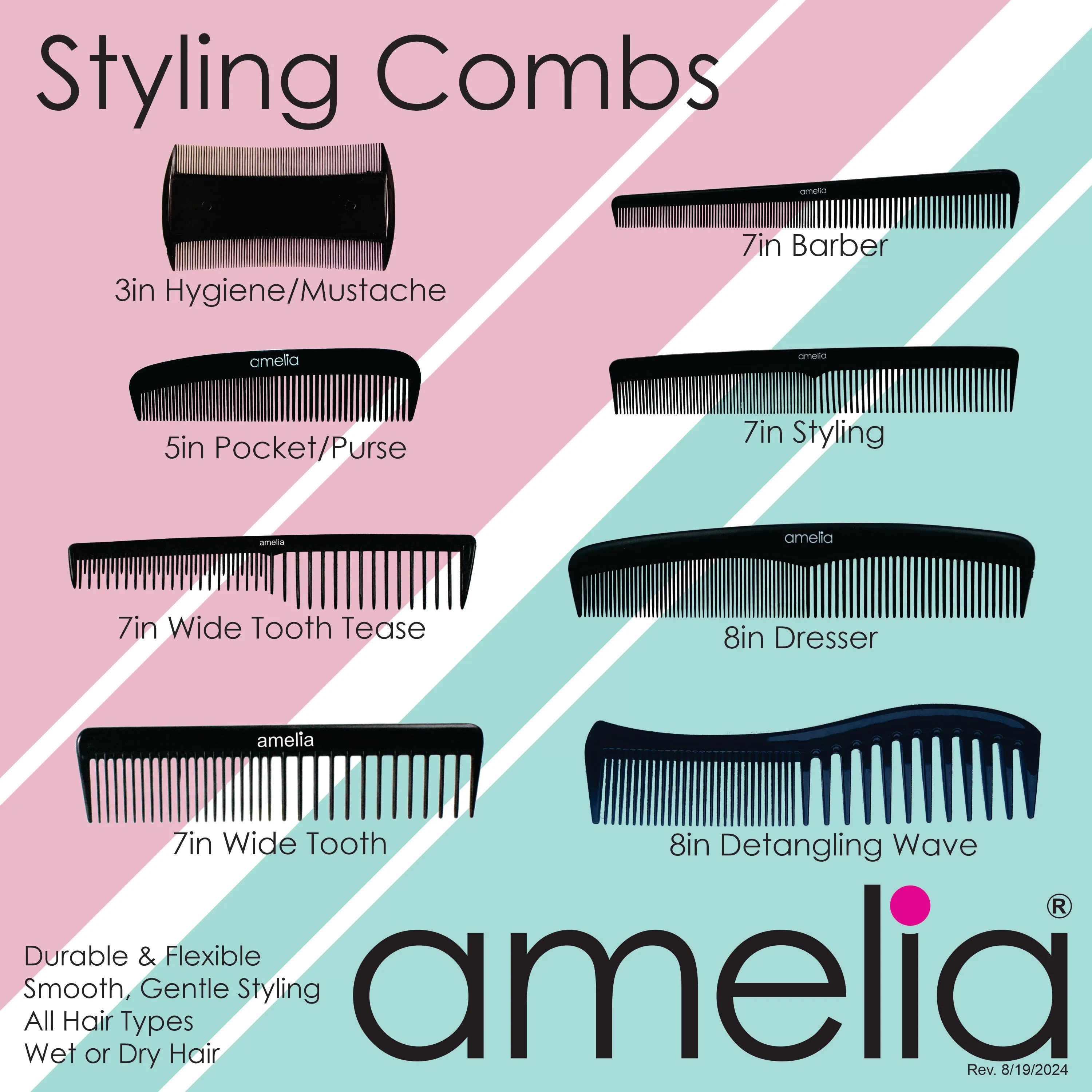 Amelia Beauty, 8in White Plastic Detangling Wave Comb, Made in USA, Professional Grade Comb,  Portable Salon Barber Shop Black Everyday Styling Rake Comb Hair Styling Tool, 7.5"x 2", 2 Pack