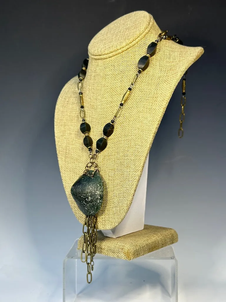 ANCIENT ROMAN GLASS PENDANT WITH BRASS AND MALACHITE STATEMENT NECKLACE  LCN547