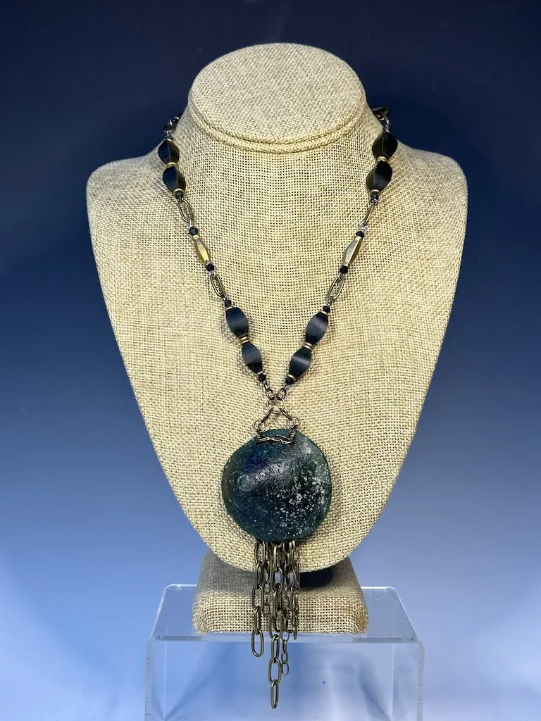 ANCIENT ROMAN GLASS PENDANT WITH BRASS AND MALACHITE STATEMENT NECKLACE  LCN547