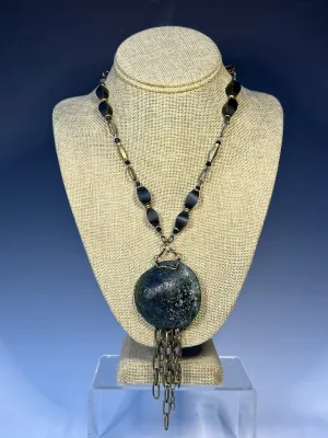 ANCIENT ROMAN GLASS PENDANT WITH BRASS AND MALACHITE STATEMENT NECKLACE  LCN547