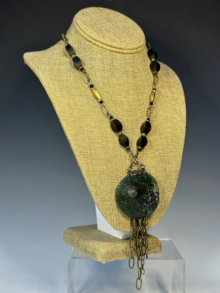 ANCIENT ROMAN GLASS PENDANT WITH BRASS AND MALACHITE STATEMENT NECKLACE  LCN547