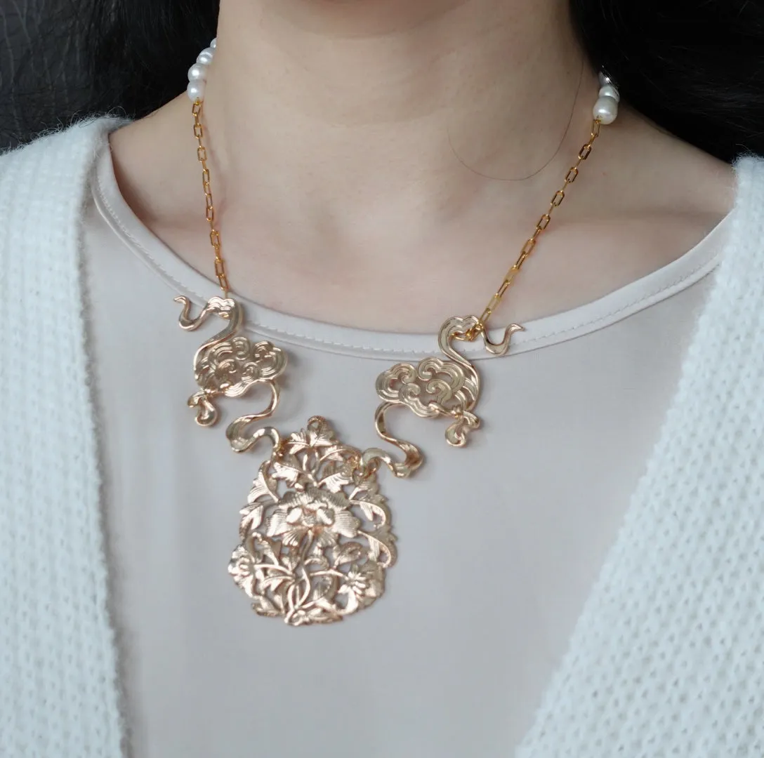 Auspicious Clouds and Peony Statement Necklace