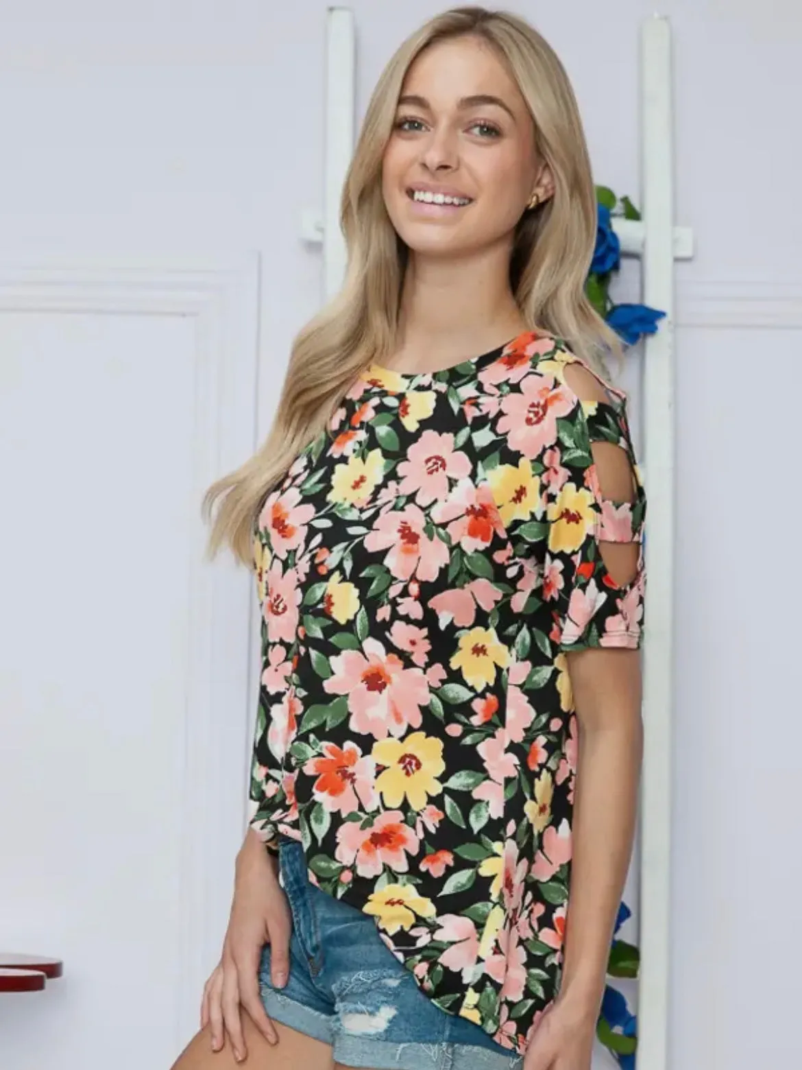 Black Floral Strapped Sleeve Top