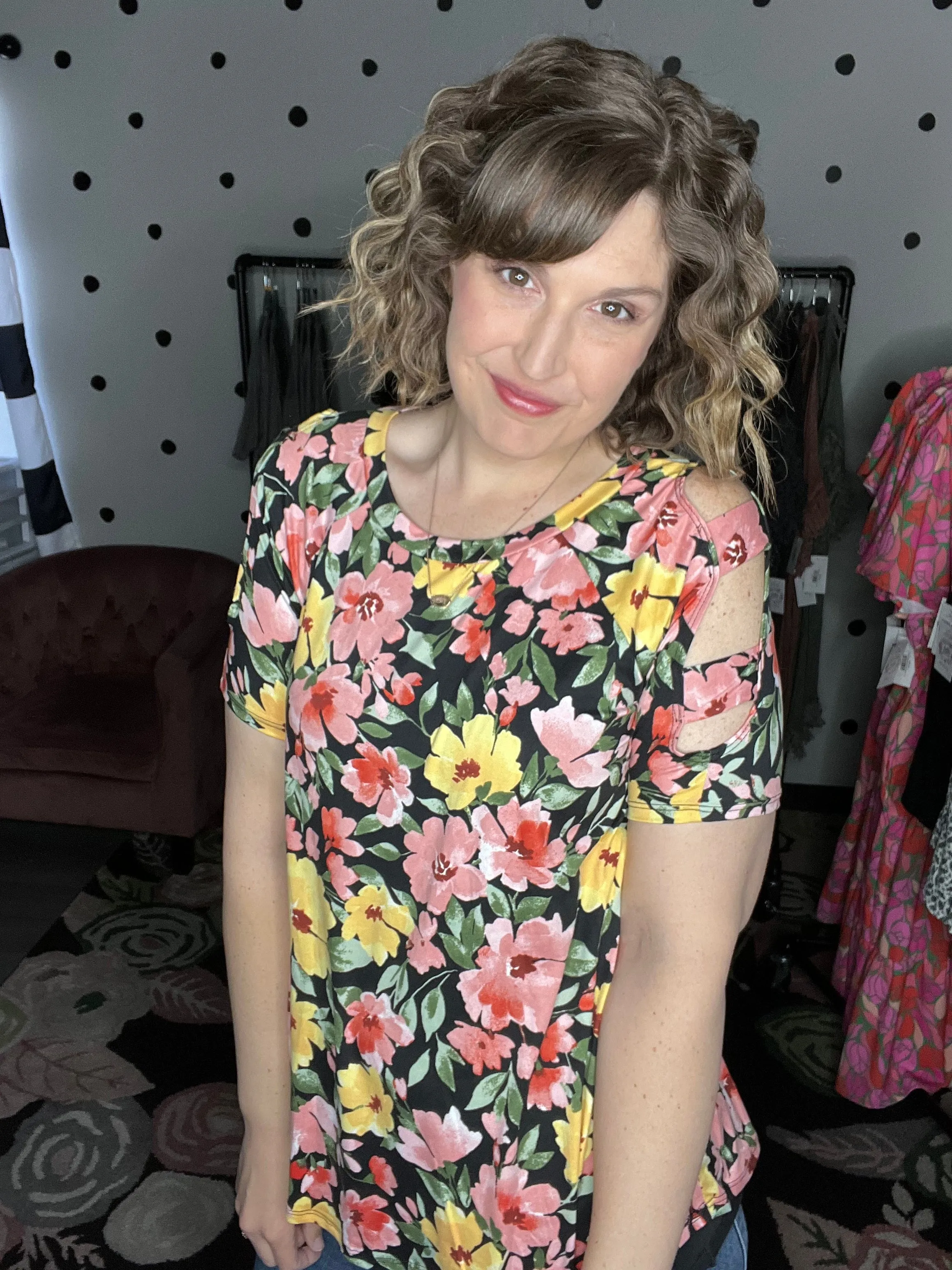 Black Floral Strapped Sleeve Top