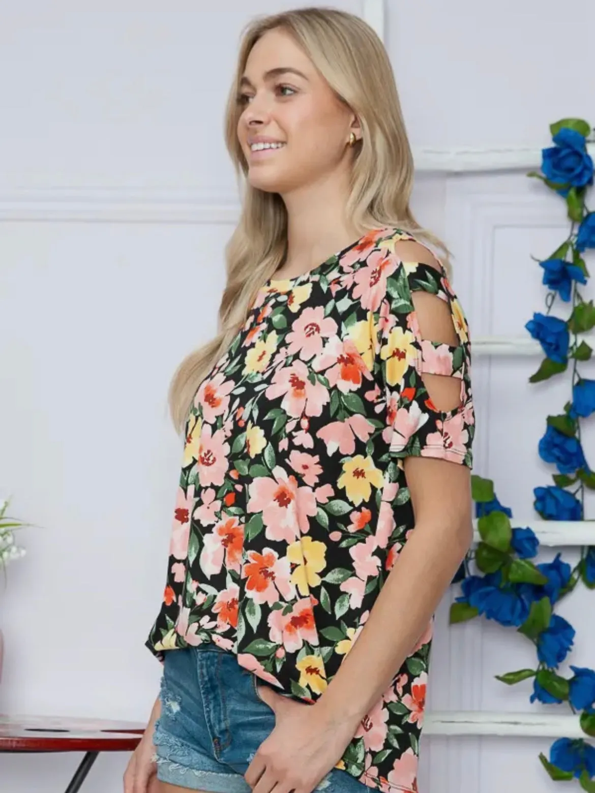 Black Floral Strapped Sleeve Top