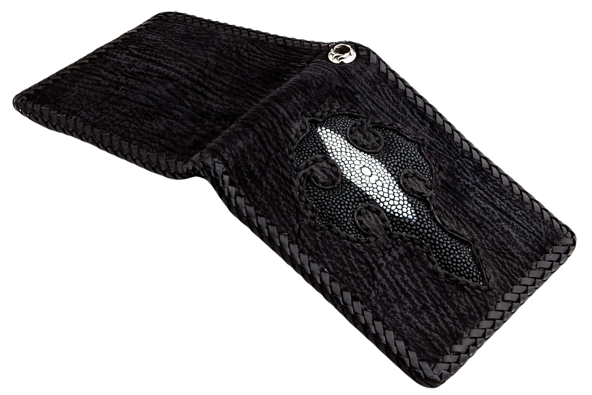 Black Genuine Stingray Leather Inlaid Cross Biker Chain Wallet