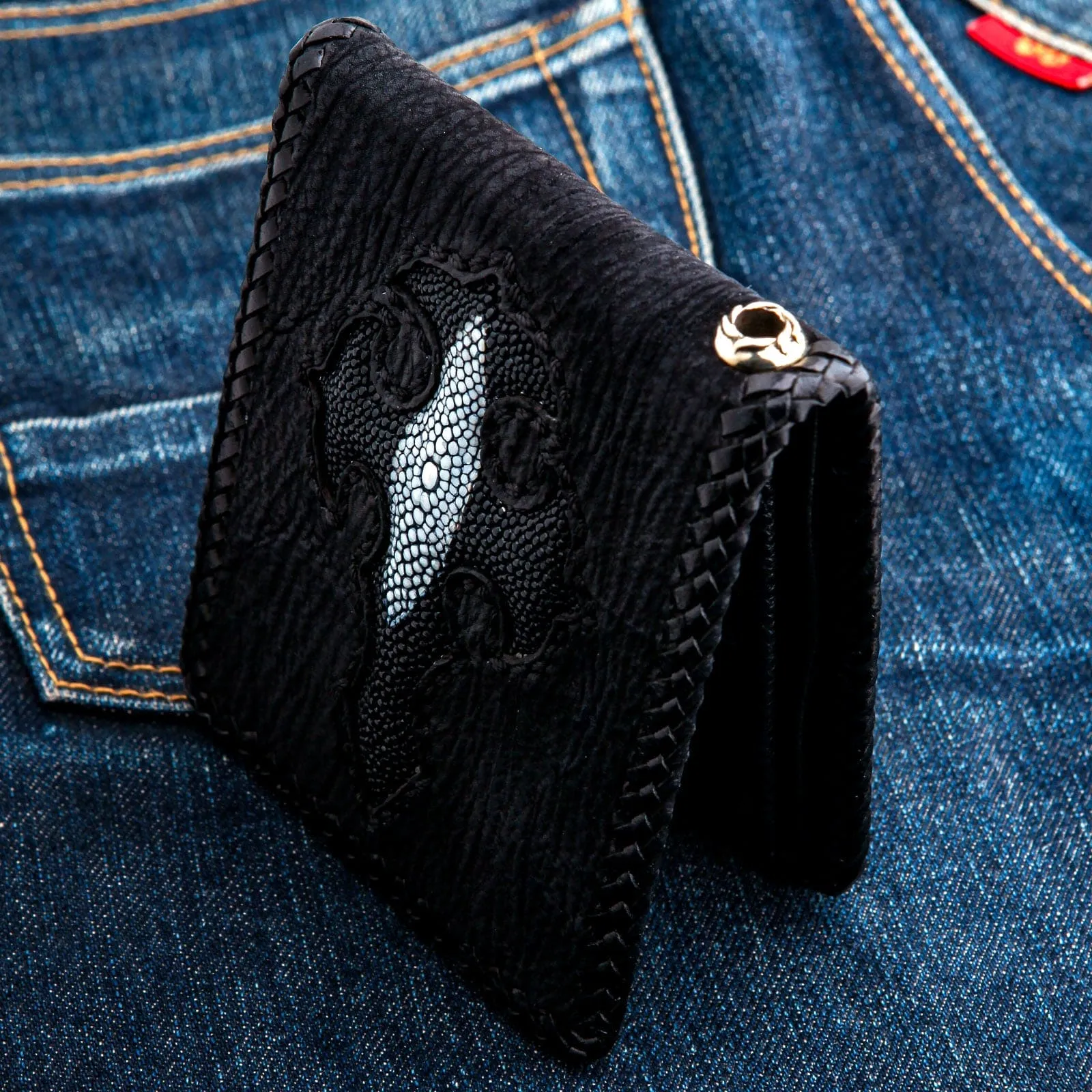 Black Genuine Stingray Leather Inlaid Cross Biker Chain Wallet