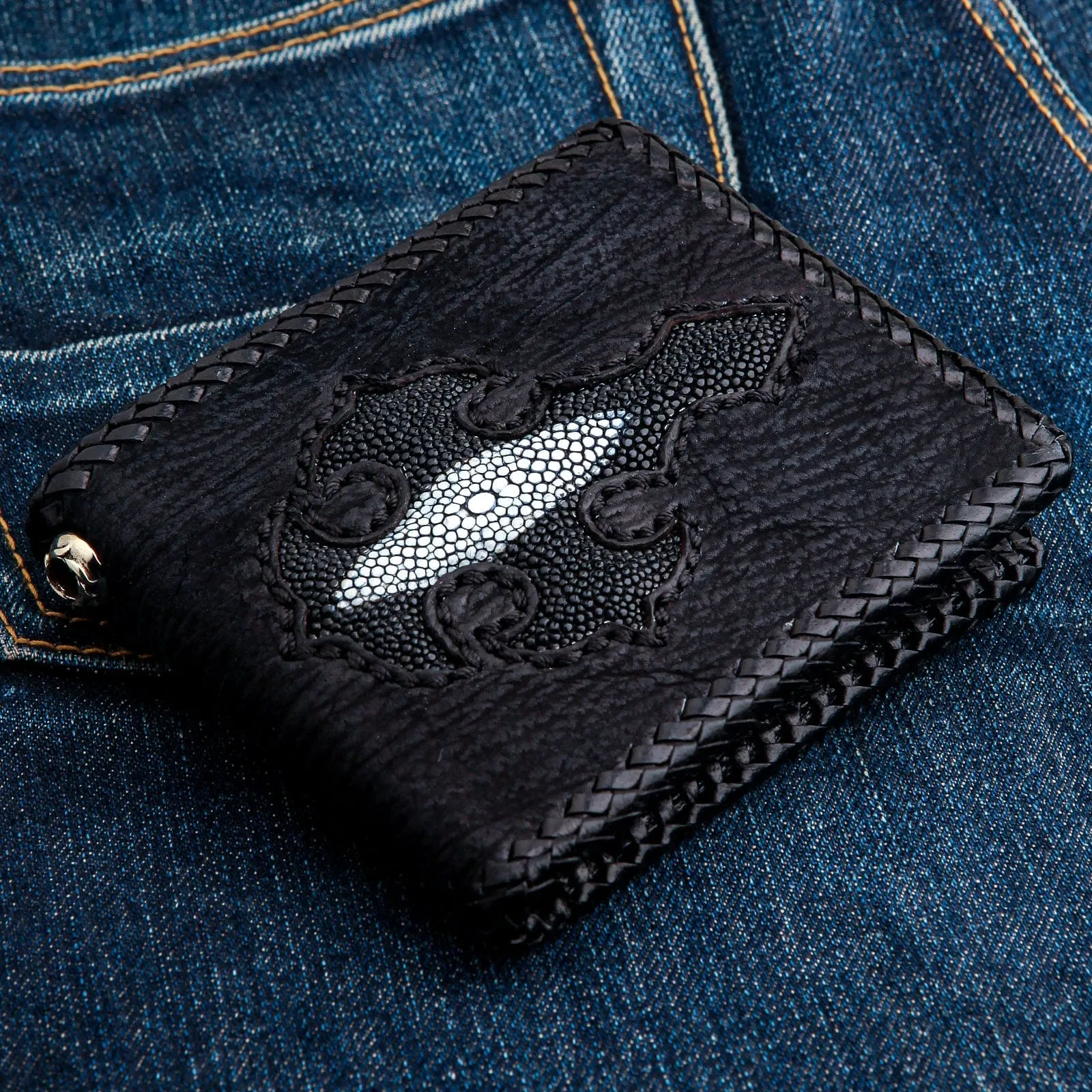 Black Genuine Stingray Leather Inlaid Cross Biker Chain Wallet