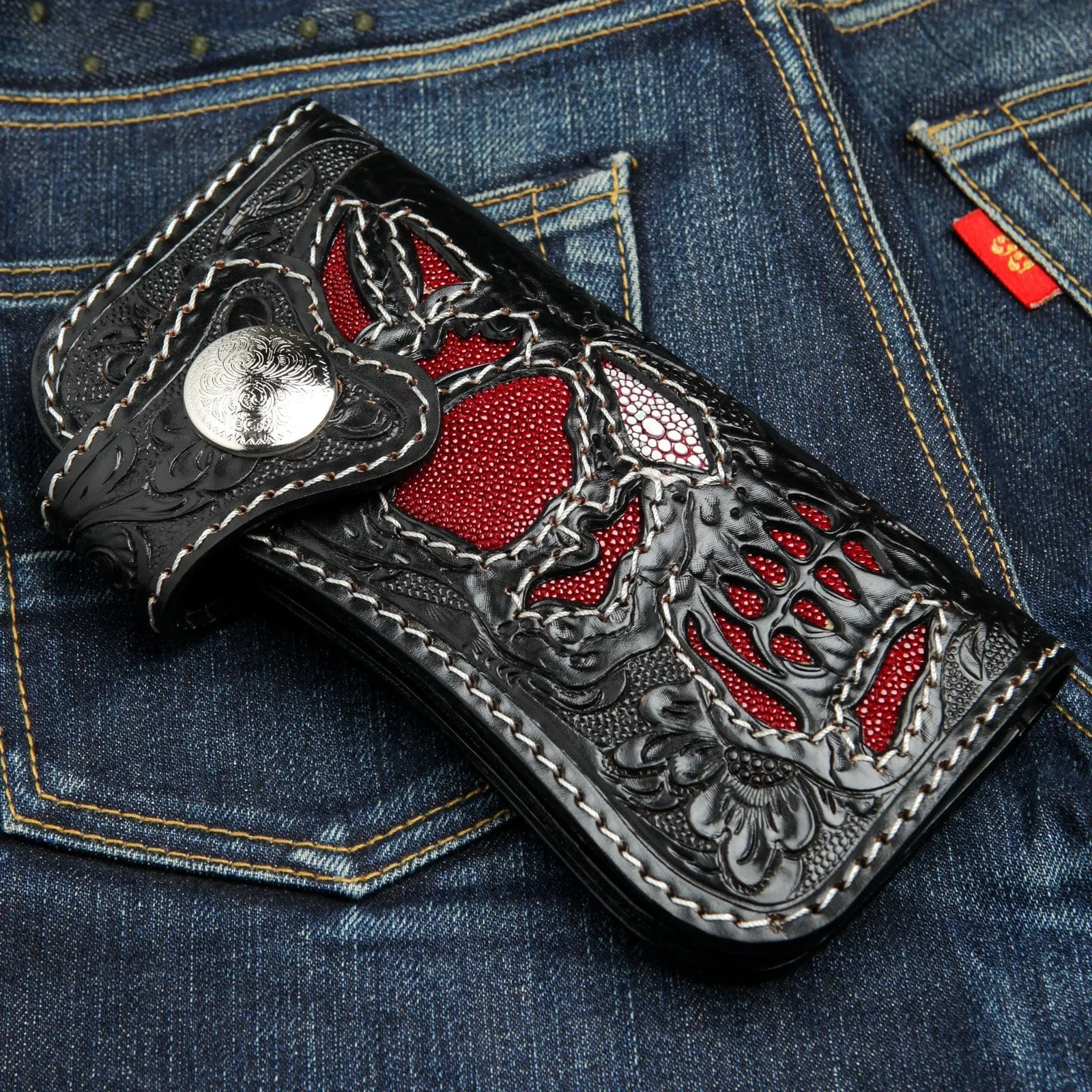 Black Phantom Skull Genuine Cowhide Leather Biker Chain Wallet