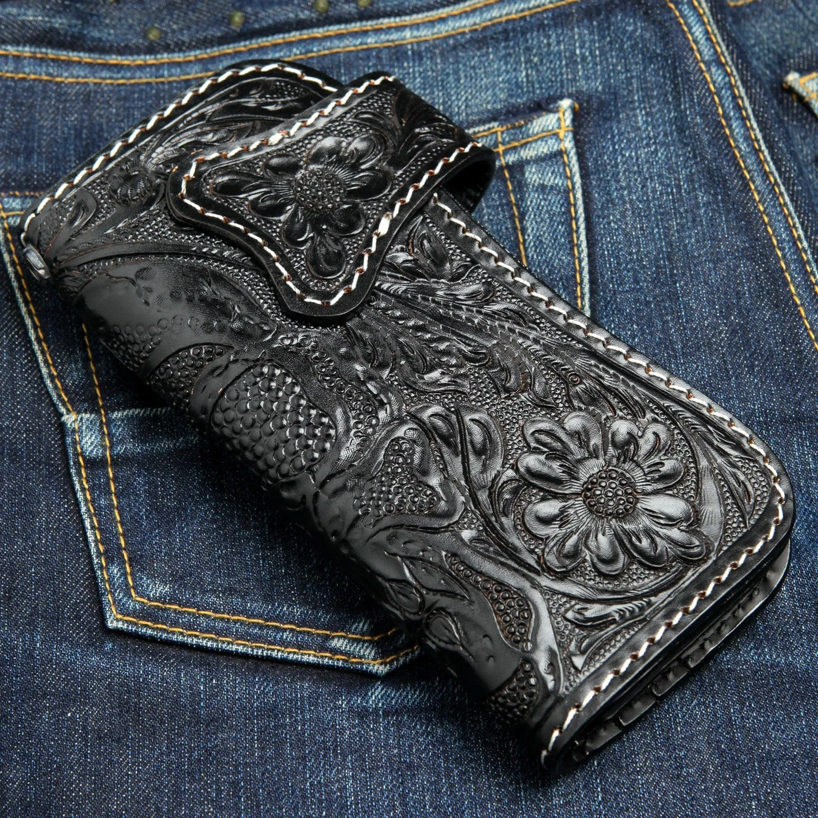Black Phantom Skull Genuine Cowhide Leather Biker Chain Wallet