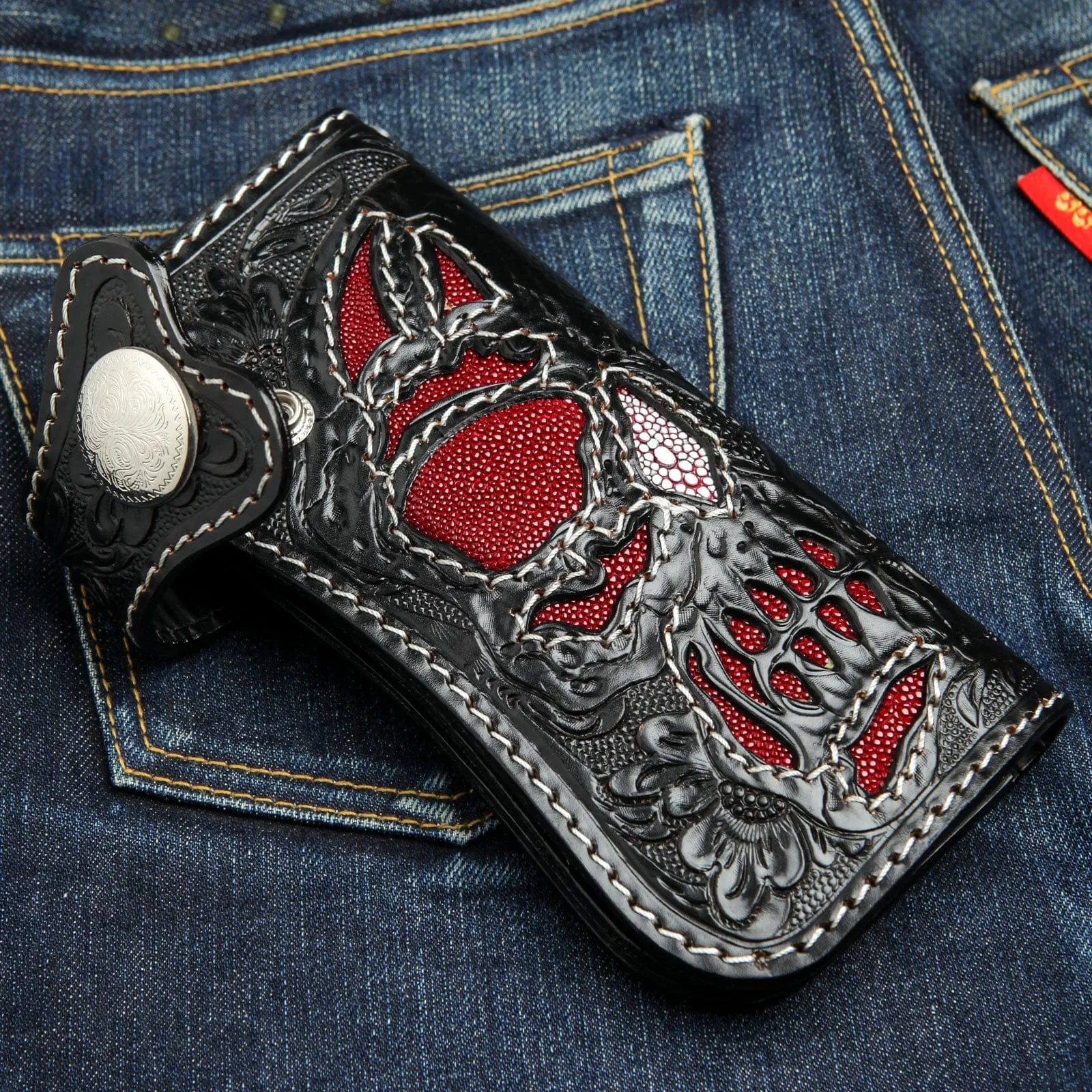 Black Phantom Skull Genuine Cowhide Leather Biker Chain Wallet