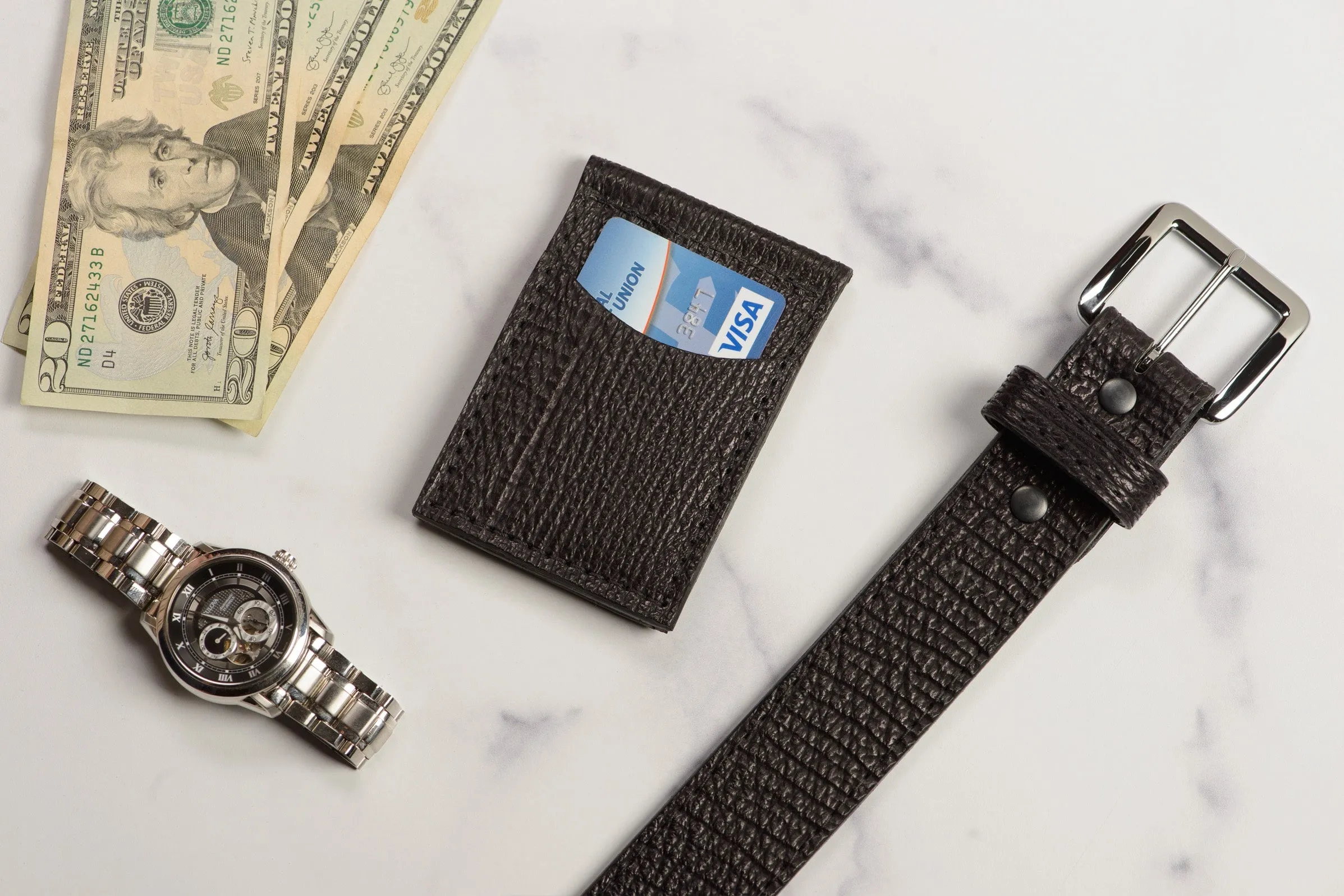 Black Shark Bifold Slim Profile Wallet With Money Clip