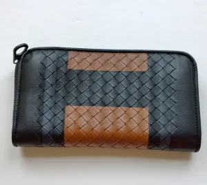 Bottega Venetta Intrecciato Black Woven Leather Wallet with Brown and Navy Color Block
