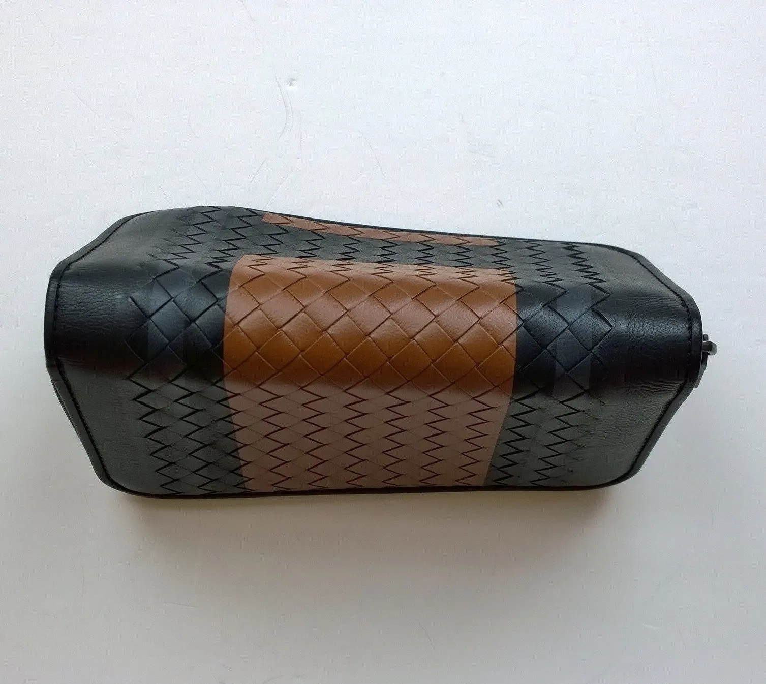 Bottega Venetta Intrecciato Black Woven Leather Wallet with Brown and Navy Color Block