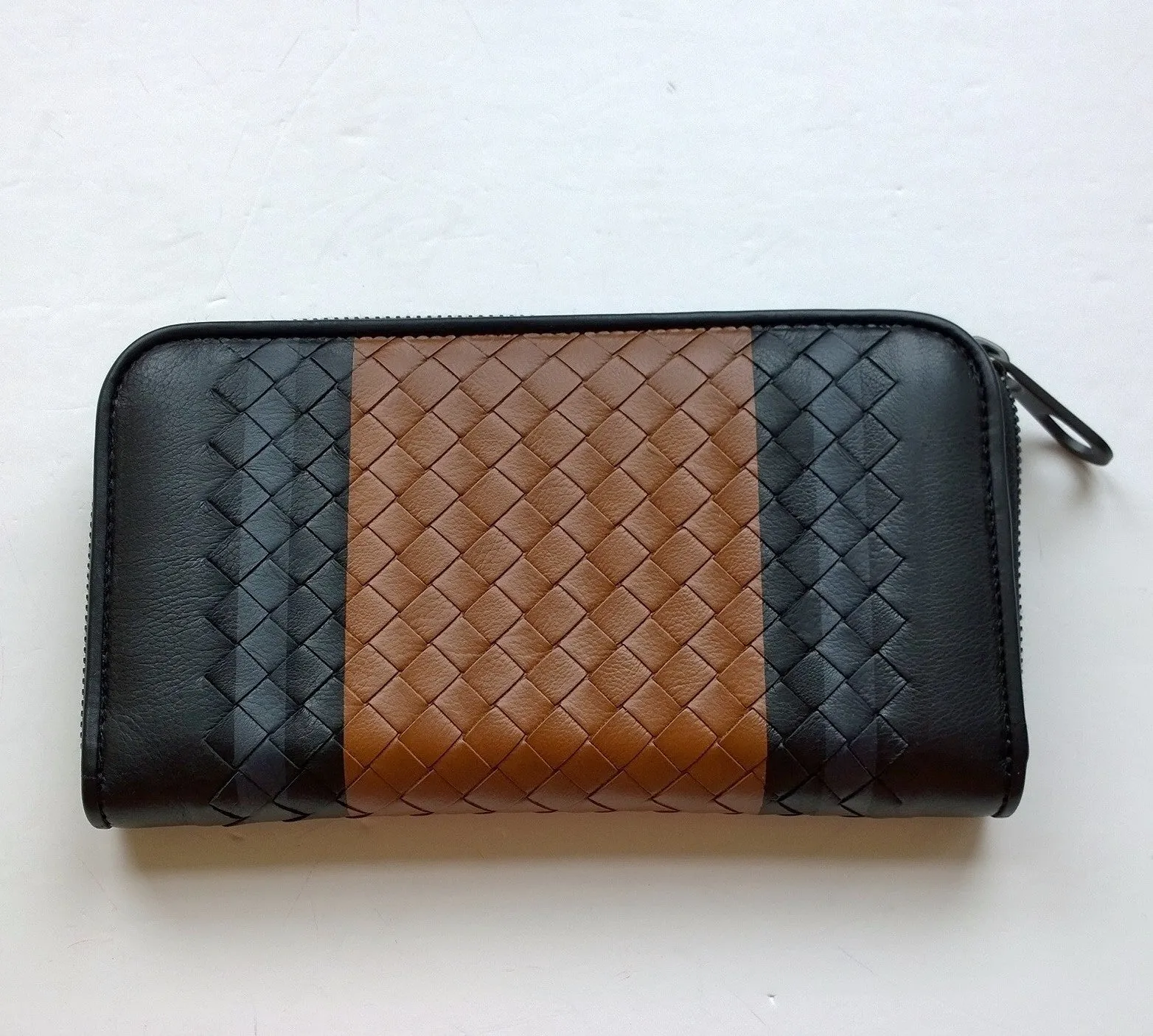 Bottega Venetta Intrecciato Black Woven Leather Wallet with Brown and Navy Color Block