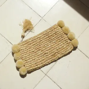 Brunna Canggu Woven Straw Clutch - in Natural Tan Raffia & Pom-poms