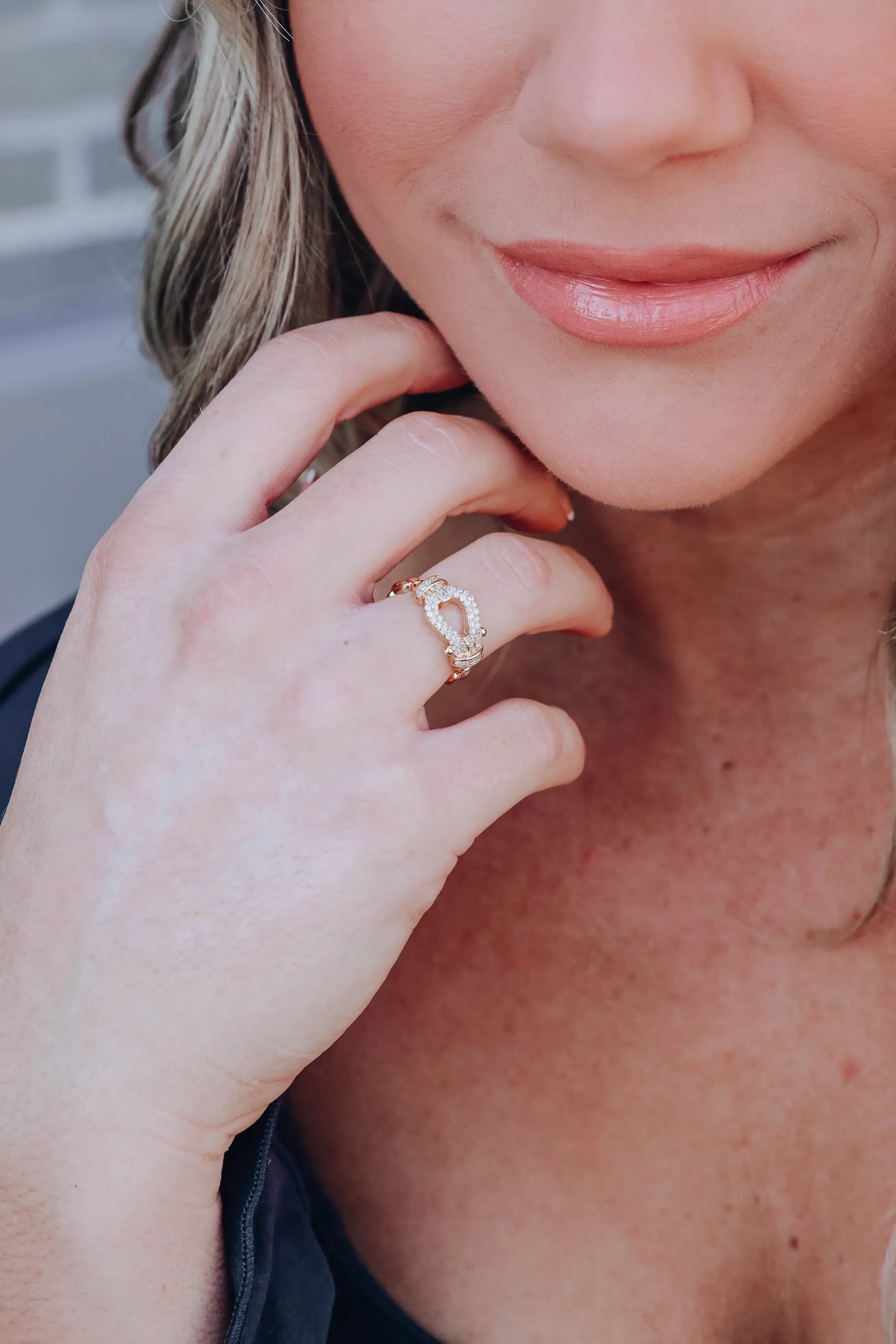 Buckle Rhinestone Statement Ring - Gold