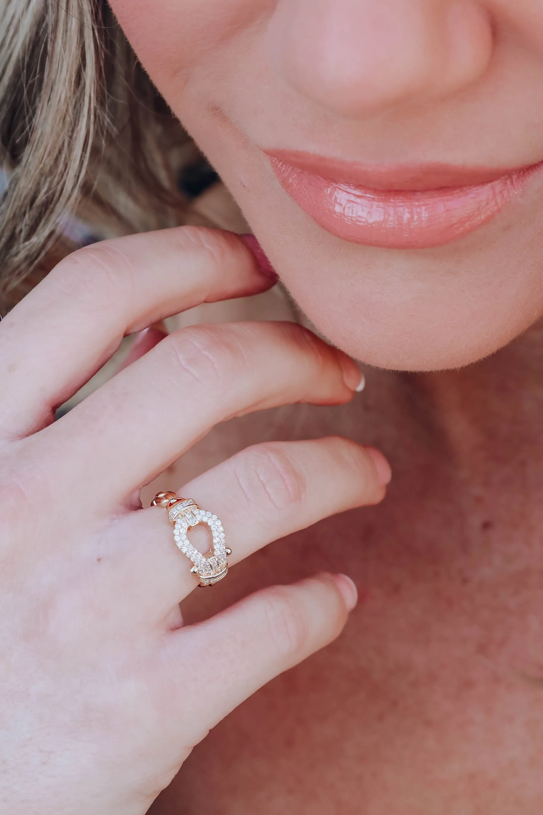 Buckle Rhinestone Statement Ring - Gold