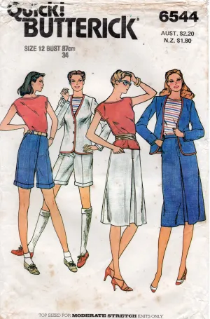 Butterick 6544 Womens Contrast Trimmed Jacket Top Skirt & Bermuda Shorts 1980s Vintage Sewing Pattern Size 12 Bust 34 inches