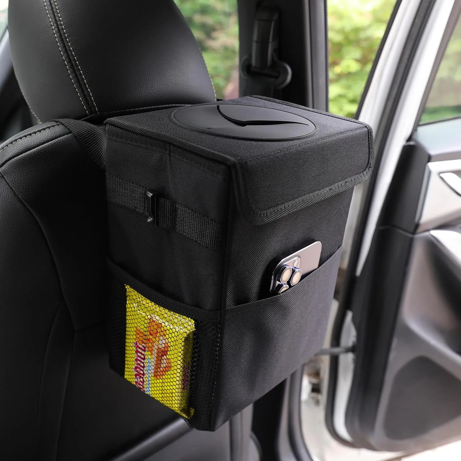 Car Garbage Can with Lid Leak Proof Vehicle Trash Can 3 Storage Pockets Hanging Waterproof Car Trash Bag for SUV Black