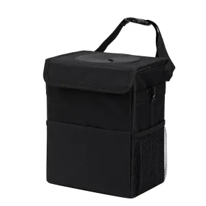 Car Garbage Can with Lid Leak Proof Vehicle Trash Can 3 Storage Pockets Hanging Waterproof Car Trash Bag for SUV Black