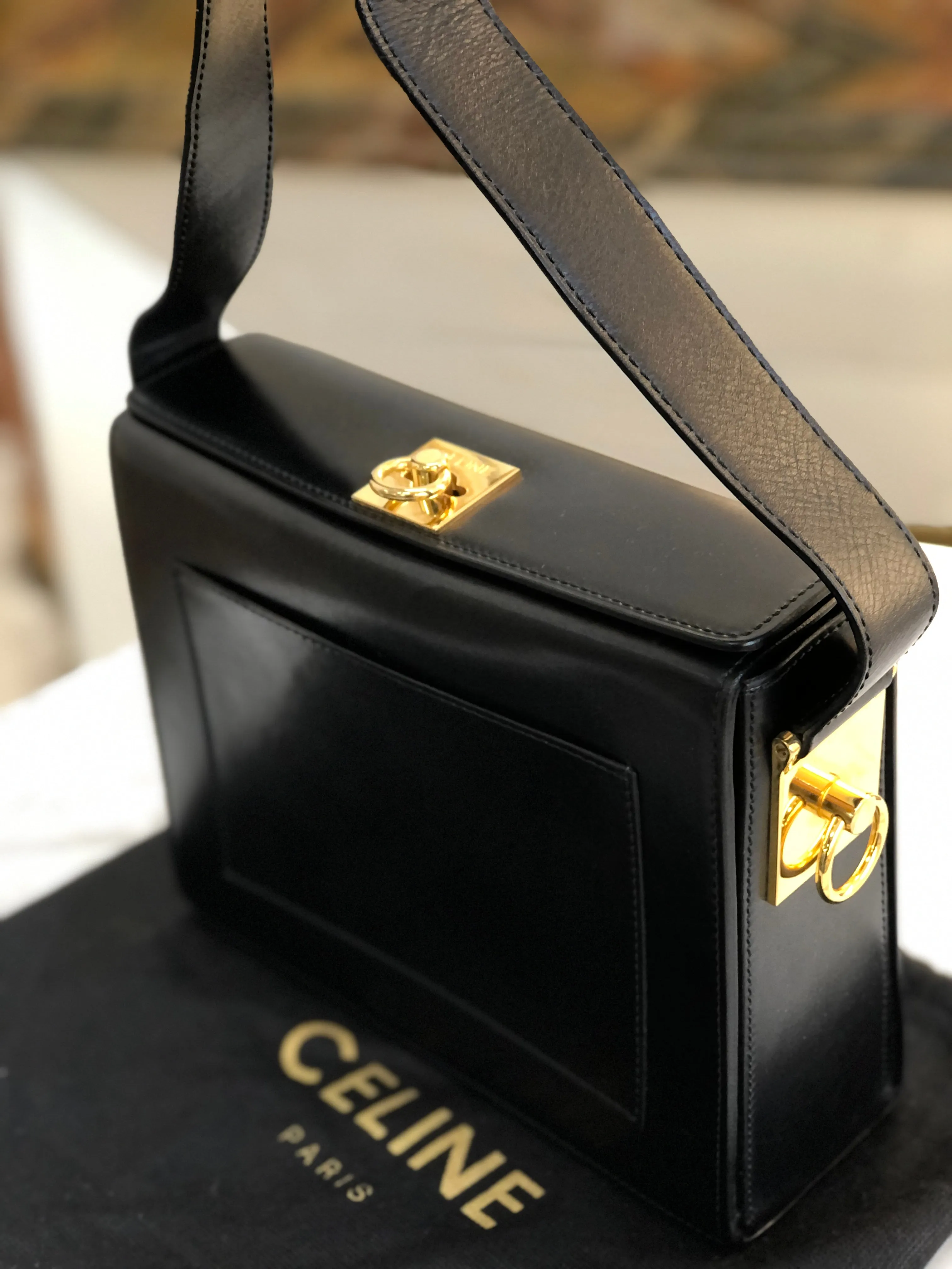 CELINE Gancini Crossbody Box Shoulder bag Black Vintage Old Celine w6vekz