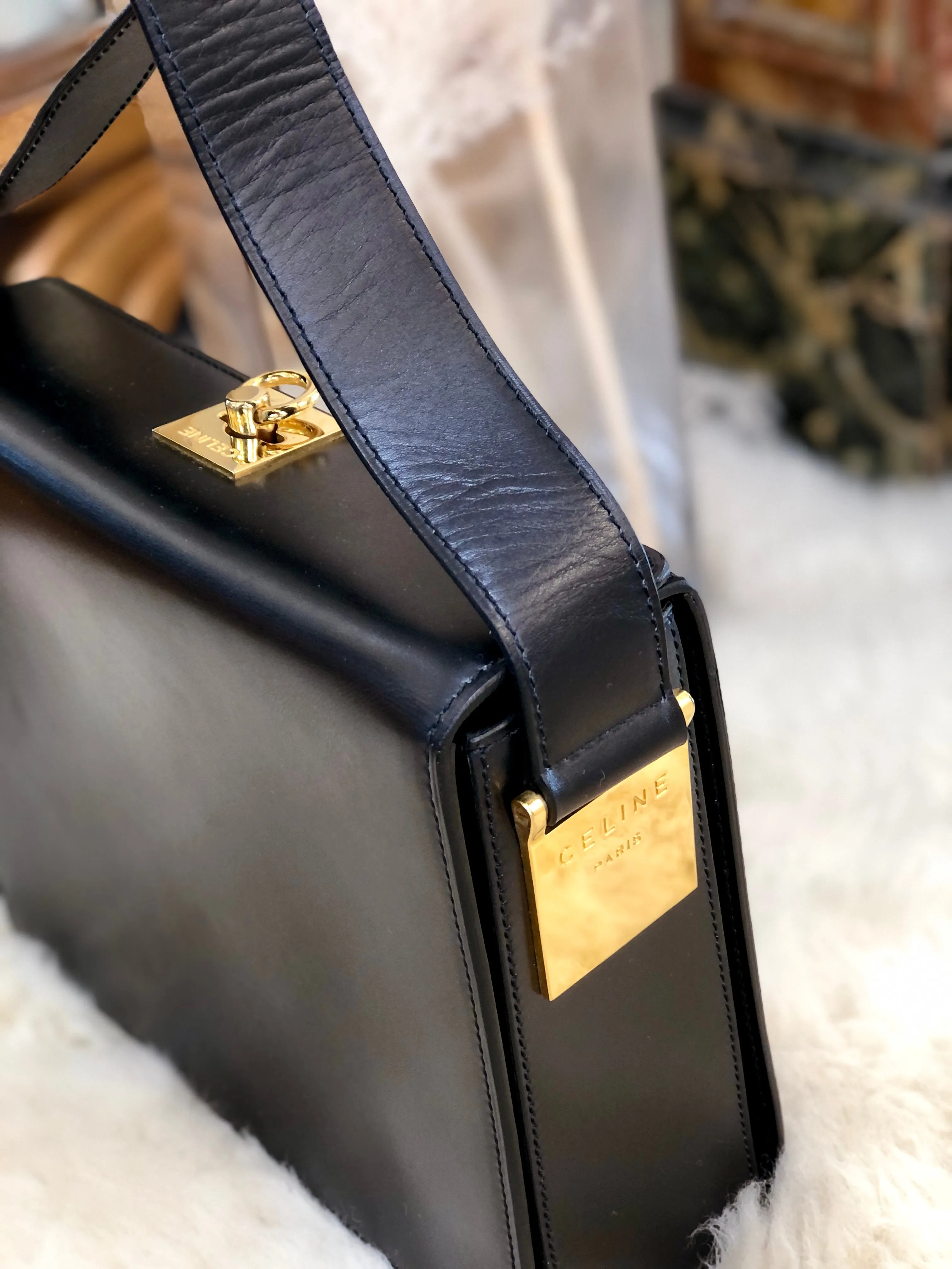 CELINE Gancini Crossbody Box Shoulder bag Black Vintage Old Celine w6vekz