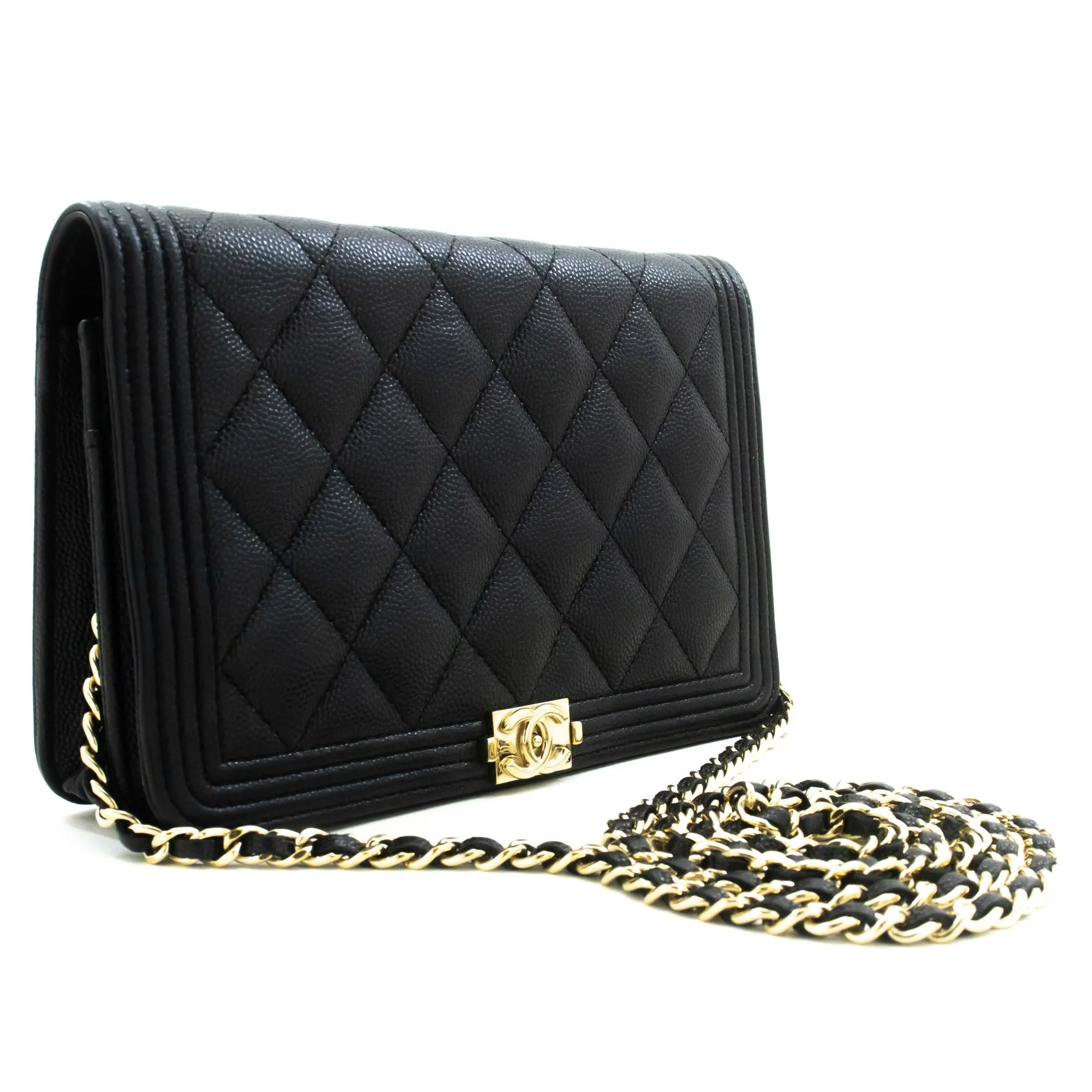 CHANEL Boy Black Grained Calfskin Wallet On Chain WOC Flap Bag p66
