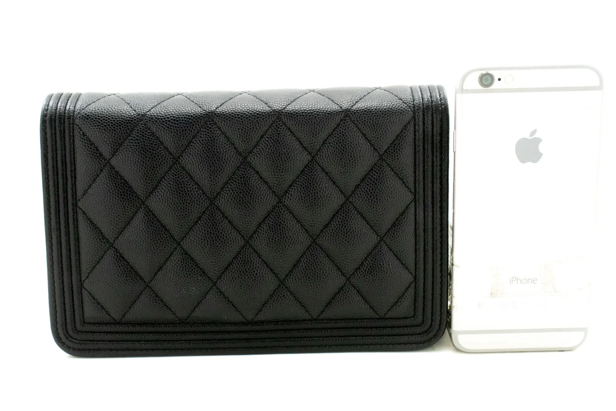 CHANEL Boy Black Grained Calfskin Wallet On Chain WOC Flap Bag p66