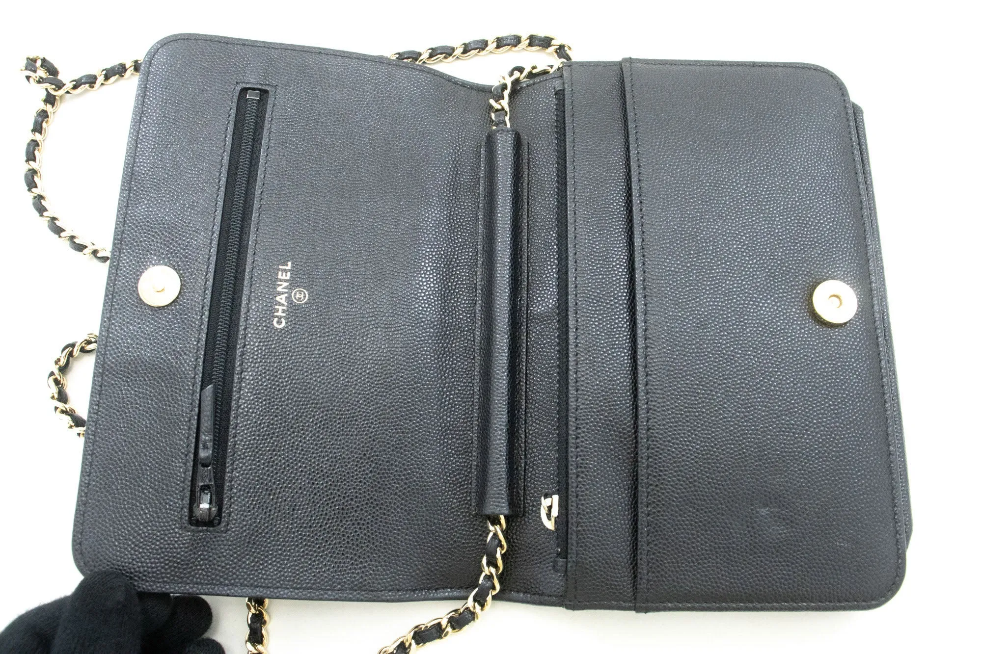CHANEL Boy Black Grained Calfskin Wallet On Chain WOC Flap Bag p66