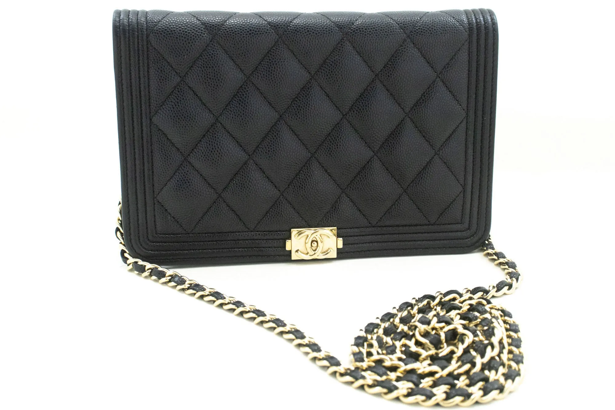 CHANEL Boy Black Grained Calfskin Wallet On Chain WOC Flap Bag p66