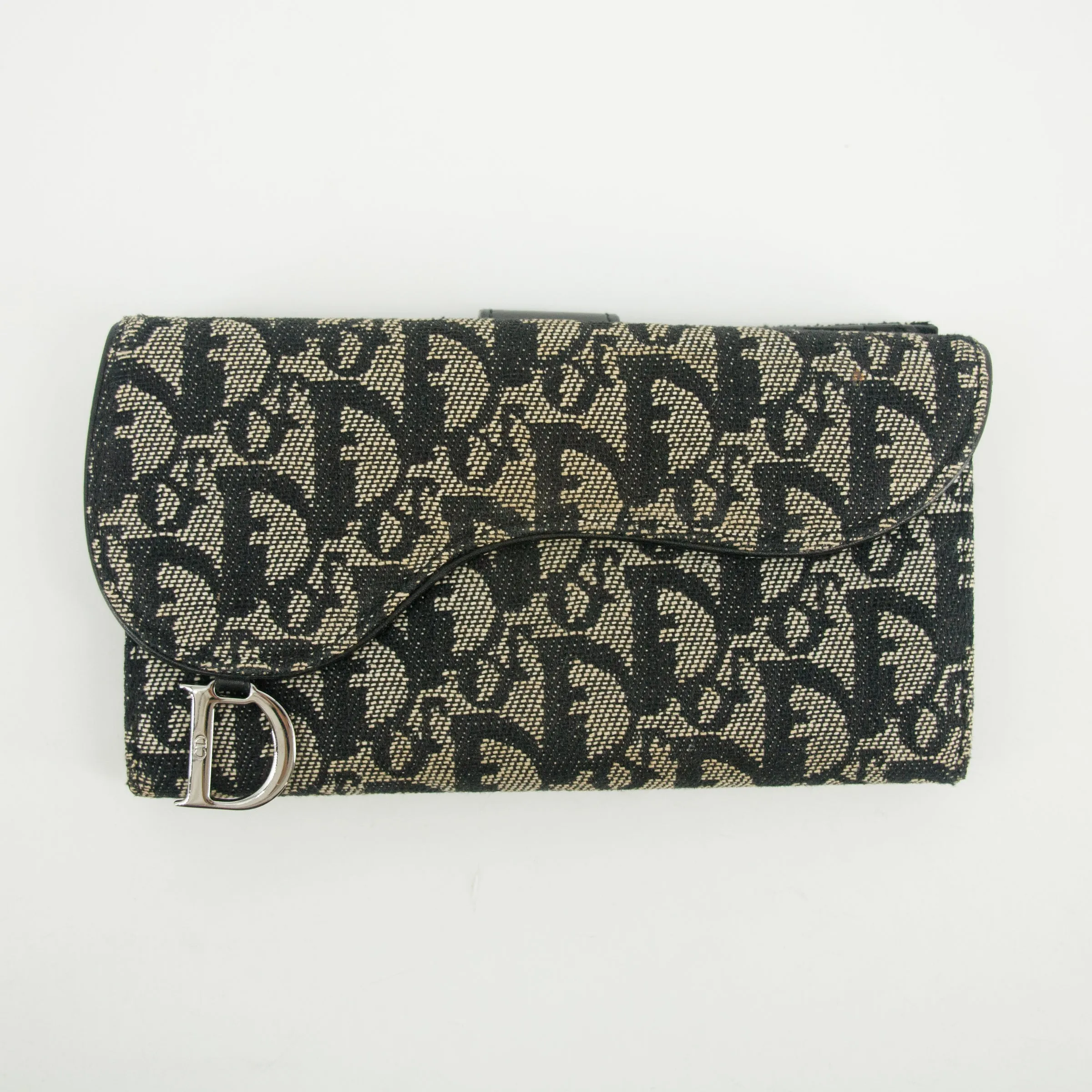 Christian Dior Black Trotter Saddle Canvas x Leather Double Hook Long Wallet #2637