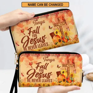 Christianartbag Clutch Purse, Fall For Jesus He Never Leaves Butterfly & Sunflower Clutch Purse For Women, Personalized Name, Christian Gifts For Women, CAB14091223.