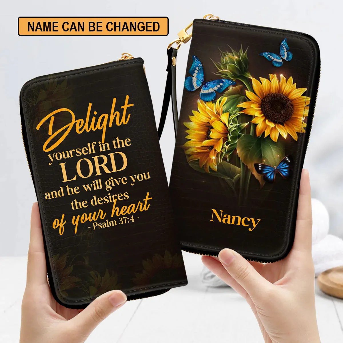Christianartbag Clutch Purse, Sunflower Psalm 374 Delight Yourself In The Lord Clutch Purse For Women, Personalized Name, Christian Gifts For Women, CAB04091223.