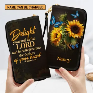 Christianartbag Clutch Purse, Sunflower Psalm 374 Delight Yourself In The Lord Clutch Purse For Women, Personalized Name, Christian Gifts For Women, CAB04091223.