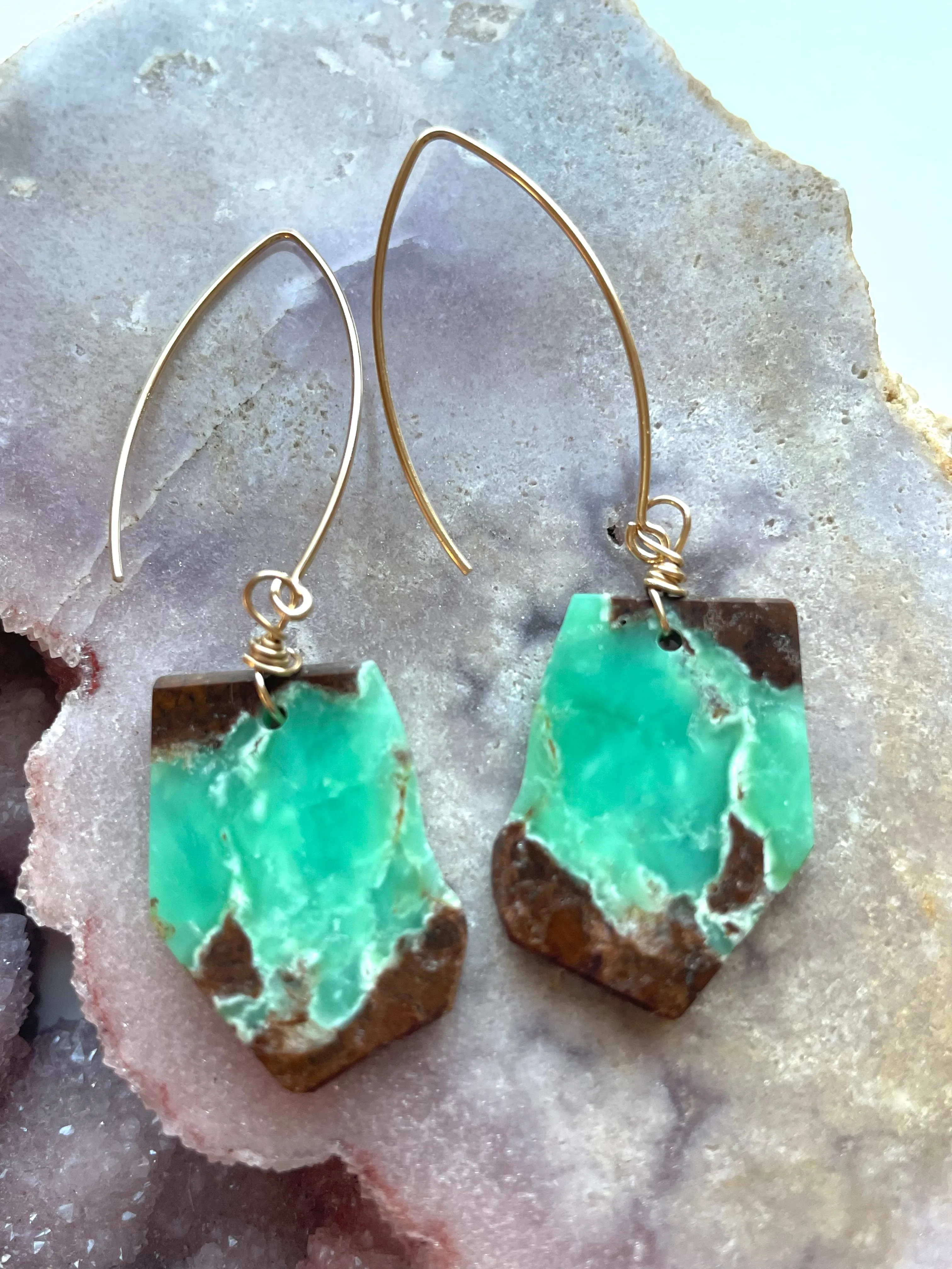 Chrysoprase Statement Earrings Gold Fill